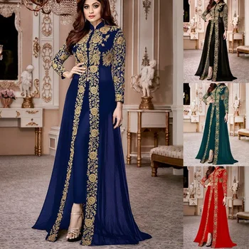 2023 Модное кружевное платье и брюки с цветочным принтом и воротником-стойкой, Женская мусульманская одежда в стиле пэчворк с длинным рукавом, костюм