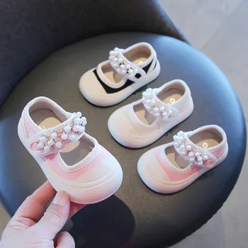 2023 Осенняя новая обувь Принцессы для маленьких девочек; Парусиновая обувь для маленьких девочек; однотонная модная обувь на плоской подошве с жемчугом; Детская повседневная обувь;