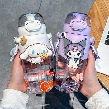 600 мл Sanrio Cinnamoroll, Уличная Чашка для воды Kuromi Hello Kitty Melody, Бутылка для Воды Большой Емкости, Соломенная Чашка, Помпон, Пурин