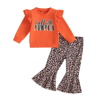 Bmnmsl, Осенняя одежда для девочек, Толстовки с длинными рукавами и принтом Тыквы, Расклешенные брюки с леопардовым принтом, Комплект одежды на Хэллоуин, 2 шт.