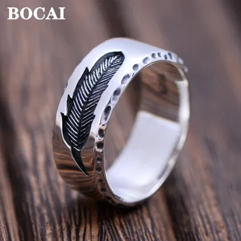 BOCAI New Real S925 Ювелирные изделия из чистого серебра 7 мм Креативное мужское кольцо с пером, уникальные и изысканные подарки