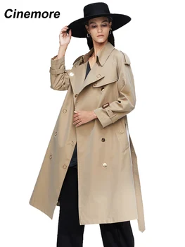 Cinemore 2020, Новое поступление, осенний тренч, женская свободная одежда, верхняя одежда, высококачественное двубортное женское длинное пальто 9024-1