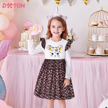DXTON, Детская одежда, платье с леопардовым принтом для девочек, Хлопковое платье с расклешенными рукавами Для девочек, Платья с рисунком кота, Повседневные платья для девочек