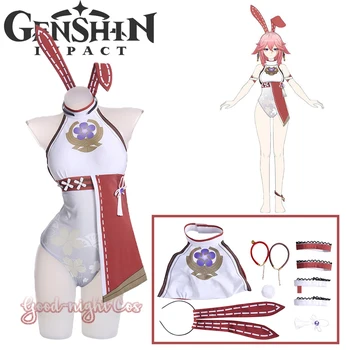 Game Genshin Impact Яэ Мико Косплей Костюм Кролика Аниме белый Сексуальный кролик Костюмы на Хэллоуин для женщин Комбинезон на Хэллоуин