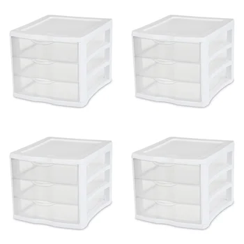 Sterilite 3 выдвижных ящика, пластик, белый, Набор из 4 ящиков для хранения, коробка-органайзер, контейнеры для хранения