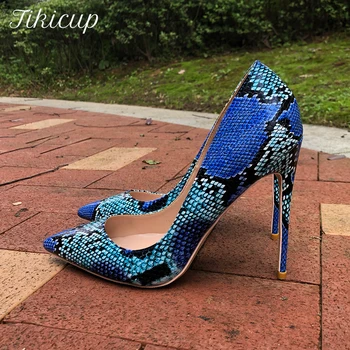 Tikicup/ Женские Пикантные туфли на Чрезвычайно высоком каблуке с синим Рисунком Питона, Шикарные женские туфли-лодочки на шпильке с острым носком, Маленькие Размеры 33, 43, 44, 45
