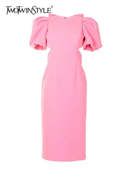 TWOTWINSTYLE, Розовое сексуальное женское платье с круглым вырезом и пышными рукавами, платья миди в стиле пэчворк с бантом, без спинки, с высокой талией, Женская одежда
