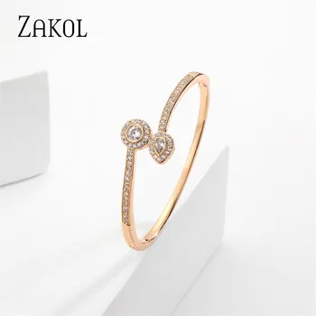 ZAKOL Изысканные круглые браслеты с кубическим цирконием в форме сердца для женщин, модный геометрический свадебный браслет из нержавеющей стали, широкие ювелирные изделия