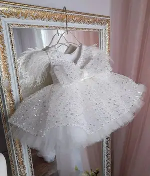 Блестящие белые платья в цветочек для девочек, платье с пайетками для маленьких девочек, Пышные платья для девочек, детское платье на День рождения