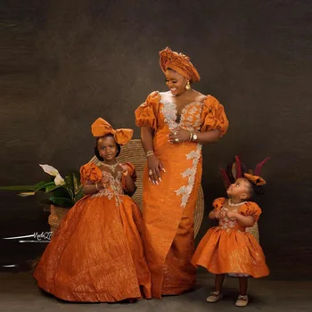 Блестящие Оранжевые Атласные Короткие Вечерние Платья с Пышными Оборками Aso Ebi, Винтажные Белые Кружевные Аппликации, Африканское Женское И Детское платье Для Фото