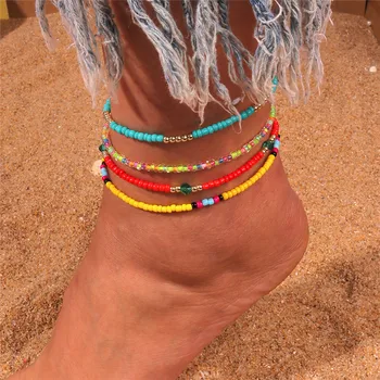 Богемные Разноцветные бусины, Ножные браслеты для женщин, Эластичные украшения для ног ручной работы, Летний Пляжный браслет для босоножек, Ювелирный подарок на лодыжку