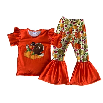 Бутик одежды для индейки на день благодарения, футболка с развевающимися рукавами и расклешенной тыквой, комплекты для девочек, детская одежда