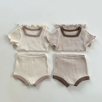 Винтажный комплект одежды в рубчик для маленьких девочек, Летние хлопковые трикотажные топы с короткими рукавами для малышей 0-24 м + шорты, комплекты для новорожденных, детская одежда