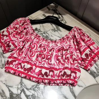 высококачественные женские короткие рубашки из 100% хлопка с красным фарфоровым принтом, сексуальный топ с разрезом и коротким рукавом, блузки для отдыха на пляже