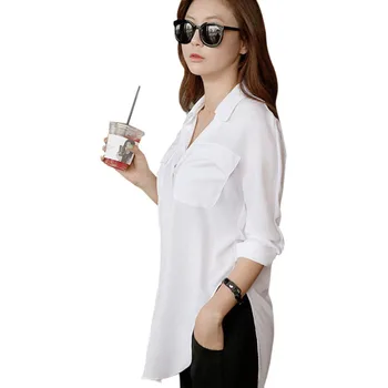 Горячая Мода 2019, Женская шифоновая блузка, топ, Однотонная футболка с карманами и длинным рукавом, 2 цвета