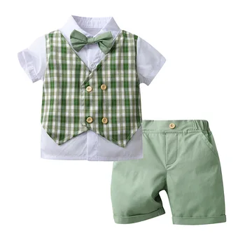 Детская одежда для британских джентльменов, детский костюм-двойка с коротким рукавом, летняя клетчатая одежда для мальчиков