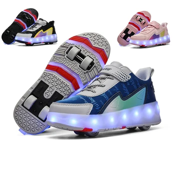 Детские Светящиеся кроссовки на четырех колесах, черные, розовые, со светодиодной подсветкой, обувь для роликовых коньков, Детская обувь для мальчиков и девочек, зарядка через USB