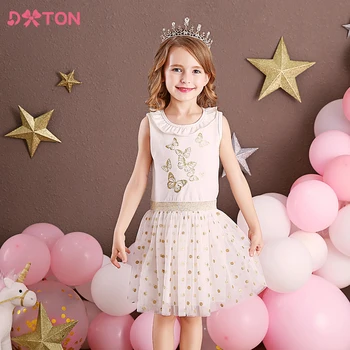 Детское летнее платье DXTON для девочек, платье без рукавов с принтом бабочки, Платья принцесс для девочек, Детское сетчатое Праздничное платье, детская одежда