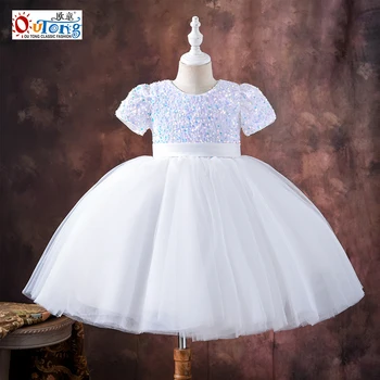 Длинное платье с цветочным узором для девочек, короткий рукав, Блестящее белое детское платье с пайетками Для осенней свадебной вечеринки от 3 до 10 лет, детская одежда для девочек