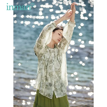 Женская блузка INMAN 2023, осенняя свободная рубашка с длинным рукавом и круглым вырезом, освежающий принт, модные повседневные зеленые топы