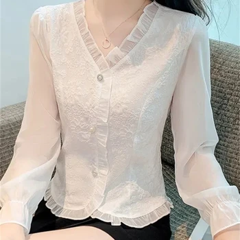 Женская рубашка Sandro Rivers, французская жаккардовая рубашка с V-образным вырезом, Женский красивый шифоновый топ с расклешенными рукавами, блузки