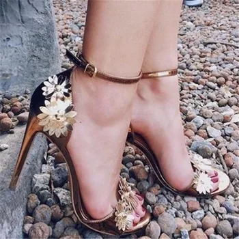 Женские босоножки на тонком высоком каблуке-гладиаторе с ремешком и пряжкой, Модная обувь из лакированной кожи с круглым носком, женская обувь с цветочным рисунком 11,5 см, размер35-40