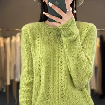 женский свитер с круглым вырезом из 100% шерсти, новая крученая ажурная нижняя рубашка, свободный свитер, пуловер, кашемировый свитер, женский топ