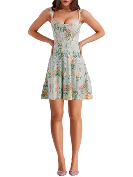 Женское Мини-платье на бретельках Y2K с цветочным принтом, на завязках, с открытой спиной, Короткое платье трапециевидной формы, вечернее платье на бретельках, клубная одежда