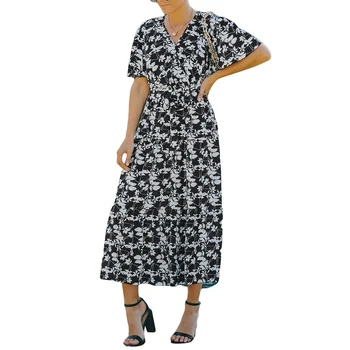 Женское платье с V-образным вырезом и запахом, богемное платье с коротким рукавом и принтом листьев, струящееся платье с завязками на талии