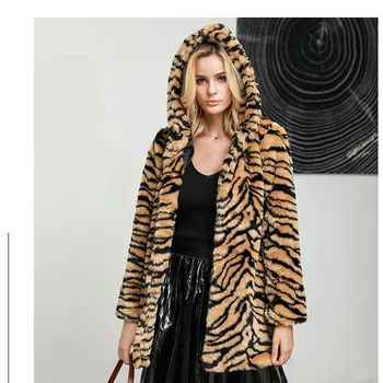 Зимнее Новое пальто с капюшоном и рисунком тигра 2023, Женское меховое пальто средней длины