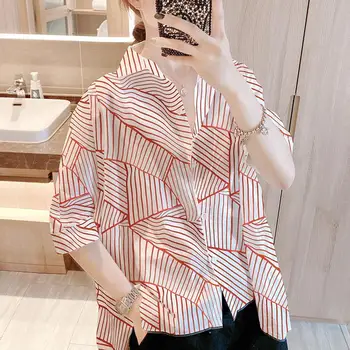 Корейская Повседневная Полосатая блузка для поездок на работу, Женская одежда, однобортная Модная летняя Свободная рубашка с коротким рукавом-поло