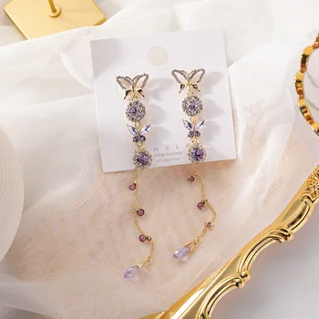 Корейские блестящие серьги с фиолетовыми бабочками из горного хрусталя Золотого цвета, металлические серьги с длинными кисточками в виде насекомых для женщин, женские ювелирные изделия