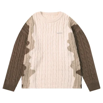 Кружевной градиентный контрастный пуловер, свитер оверсайз, теплый эластичный свитер, мужской женский осенне-зимний модный мягкий вязаный свитер
