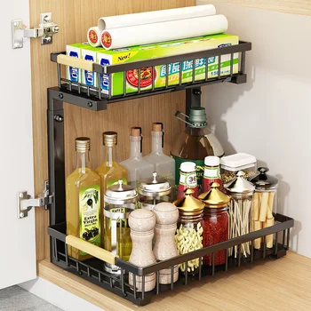 Кухонные держатели для хранения, металлический утолщенный двухтактный шкаф, Двухслойный Регулируемый стеллаж для хранения приправ, экономия пространства НОВЫЙ