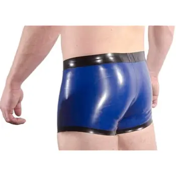 Латексные боксерские резиновые шорты ручной работы синего цвета с черной отделкой для мужчин