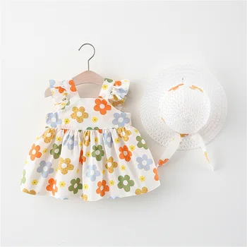 Летнее платье для маленьких девочек, Платье с развевающимися рукавами в виде милого цветка, Платье без рукавов с фрагментированным цветком и шляпой