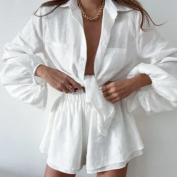 Летние Женские шорты с длинными рукавами 2022, Повседневный модный костюм из двух предметов, хлопчатобумажная льняная рубашка