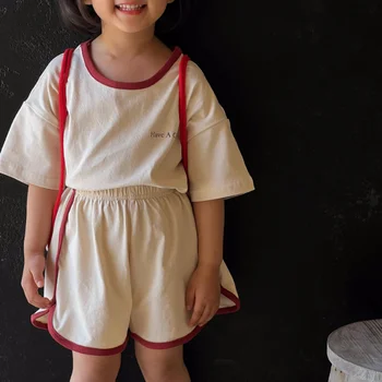 Летние комплекты детской одежды для маленьких девочек контрастного цвета, шорты с круглым вырезом и коротким рукавом, комплект одежды из 2 предметов для девочек
