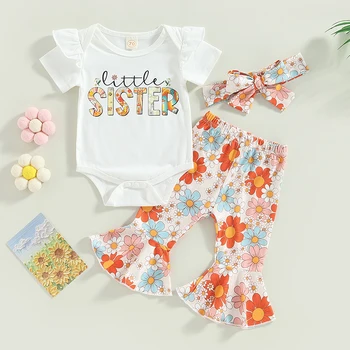 Летняя Одежда для малышей, комбинезон с коротким рукавом и буквенным принтом для девочек, расклешенные брюки с цветочным рисунком и повязка на голову для новорожденных