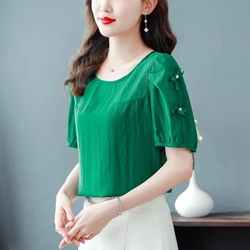 Летом 2023 года Новая элегантная женская хлопковая льняная блузка с коротким рукавом для матерей среднего возраста, модная рубашка с круглым вырезом T456