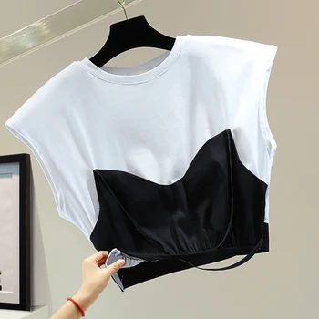 Модная футболка без рукавов для женщин 2023, Летняя Короткая футболка с высокой талией, Открытая футболка на молнии, Футболки для девочек, Студенческие Футболки Mujer