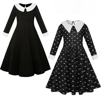 Новый костюм Wednesday Addams для девочек, детское платье с длинными рукавами Addam, праздничные платья для маленьких девочек, Детский Карнавал на Хэллоуин