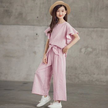 Одежда для девочек-подростков, летняя розово-голубая рубашка в полоску и широкие брюки, комплекты из 2 предметов для детей, модная детская одежда