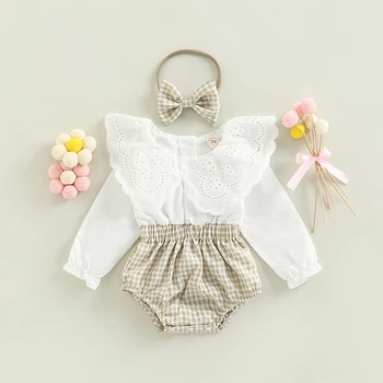 Осенний комбинезон с длинными рукавами и кружевным воротником в стиле пэчворк для маленьких девочек из 2 предметов + лента для волос, комплект для младенцев 0-18 месяцев