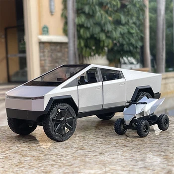 Пикап Tesla Cybertruck 1: 24 С Мотоциклетными Сплавами, Изготовленными под давлением, и игрушечными Транспортными средствами, Металлическая Модель игрушечного автомобиля, Коллекционная игрушка со Звуком и светом