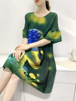 Плиссированное платье мамы Miyake, Женская цифровая печать в виде 3D Грибов, Летняя Плиссированная юбка-зубочистка 2023, Свободные платья для похудения