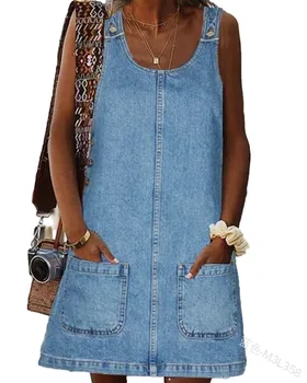 Повседневное мини-платье трапециевидной формы без рукавов с круглым вырезом, женское летнее женское Винтажное джинсовое платье с карманами