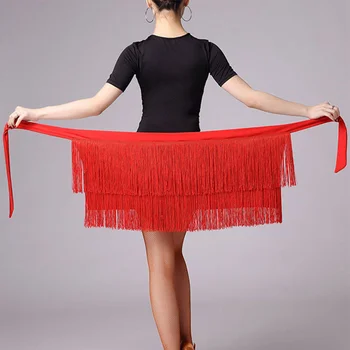 Юбка для латиноамериканских танцев для женщин, черный, красный цвет, шарф на бедрах с кисточками, юбка для латиноамериканских танцев, платье для взрослых, Румба, Латиноамериканское платье
